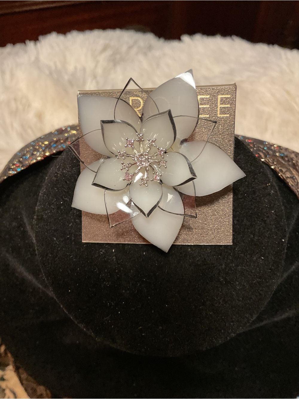 J.Renee White Floral Layered Petal Brooch with Crystal Center